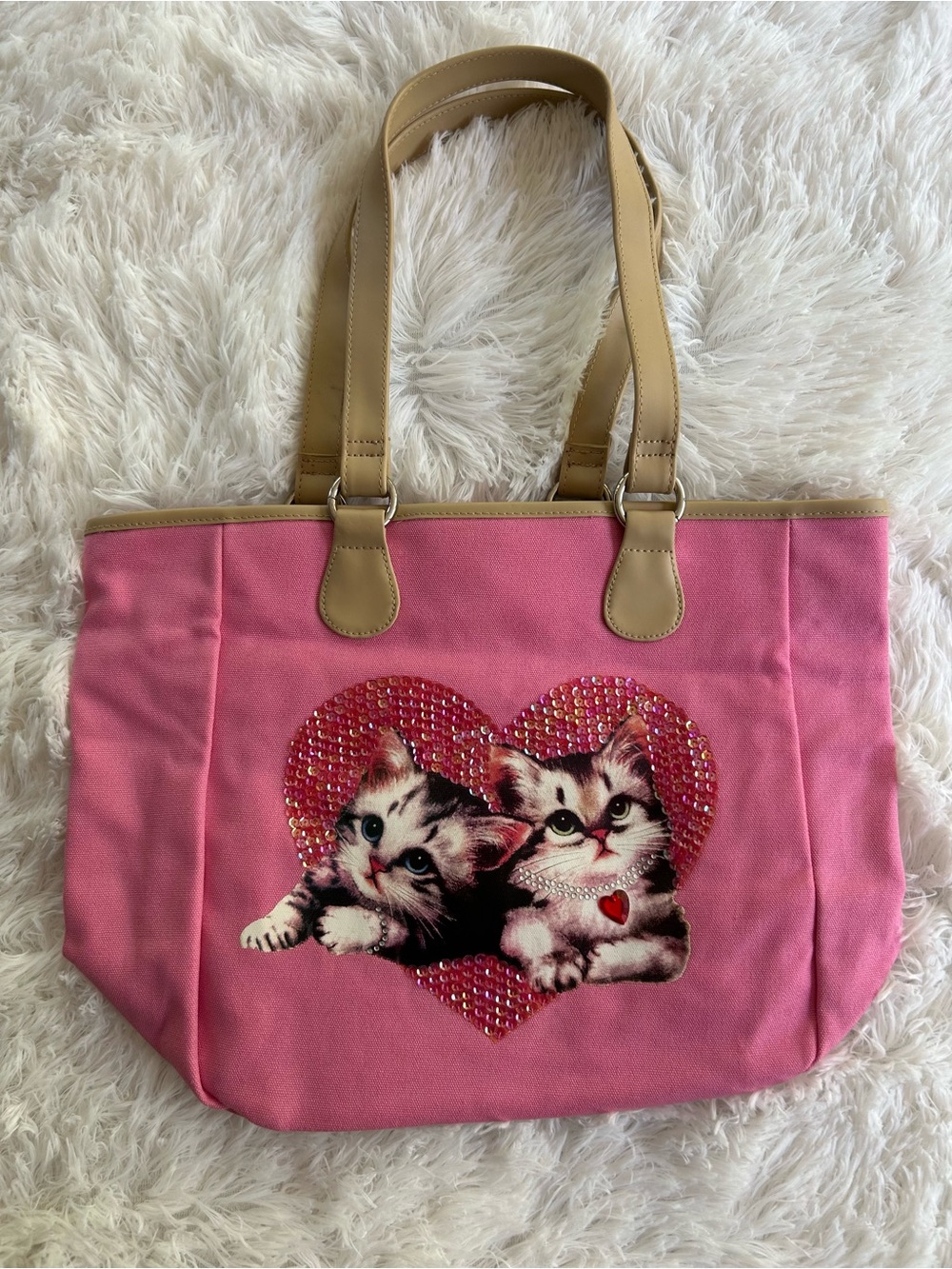 NWOT Pink Kitten Heart Canvas Tote Bag Y2K Kawaii Cat Purse